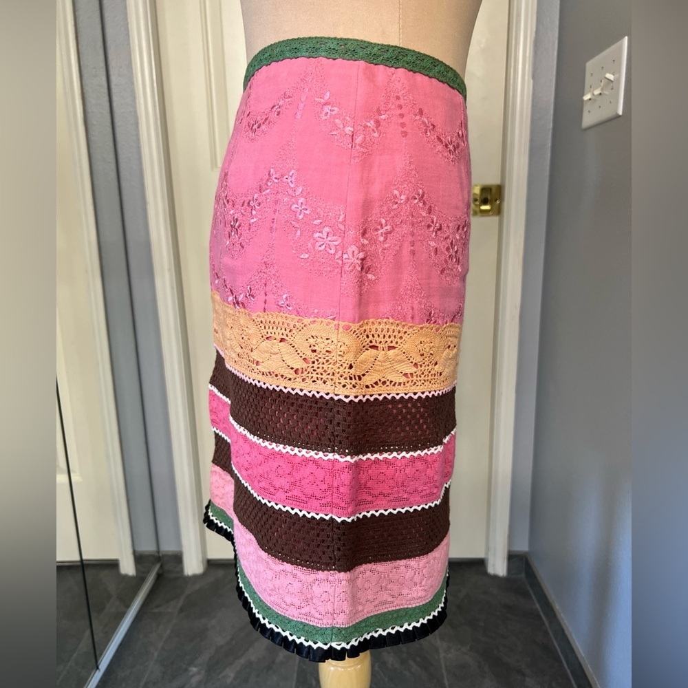 Boston Proper Pink Striped Floral Embroidered Crochet Lace Preppy‎ Boho Skirt - Picture 4 of 8